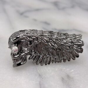 Metallic Silver Color SKULL & Feather Duo Finger/Knuckle‎ Ring with Crystal Eye